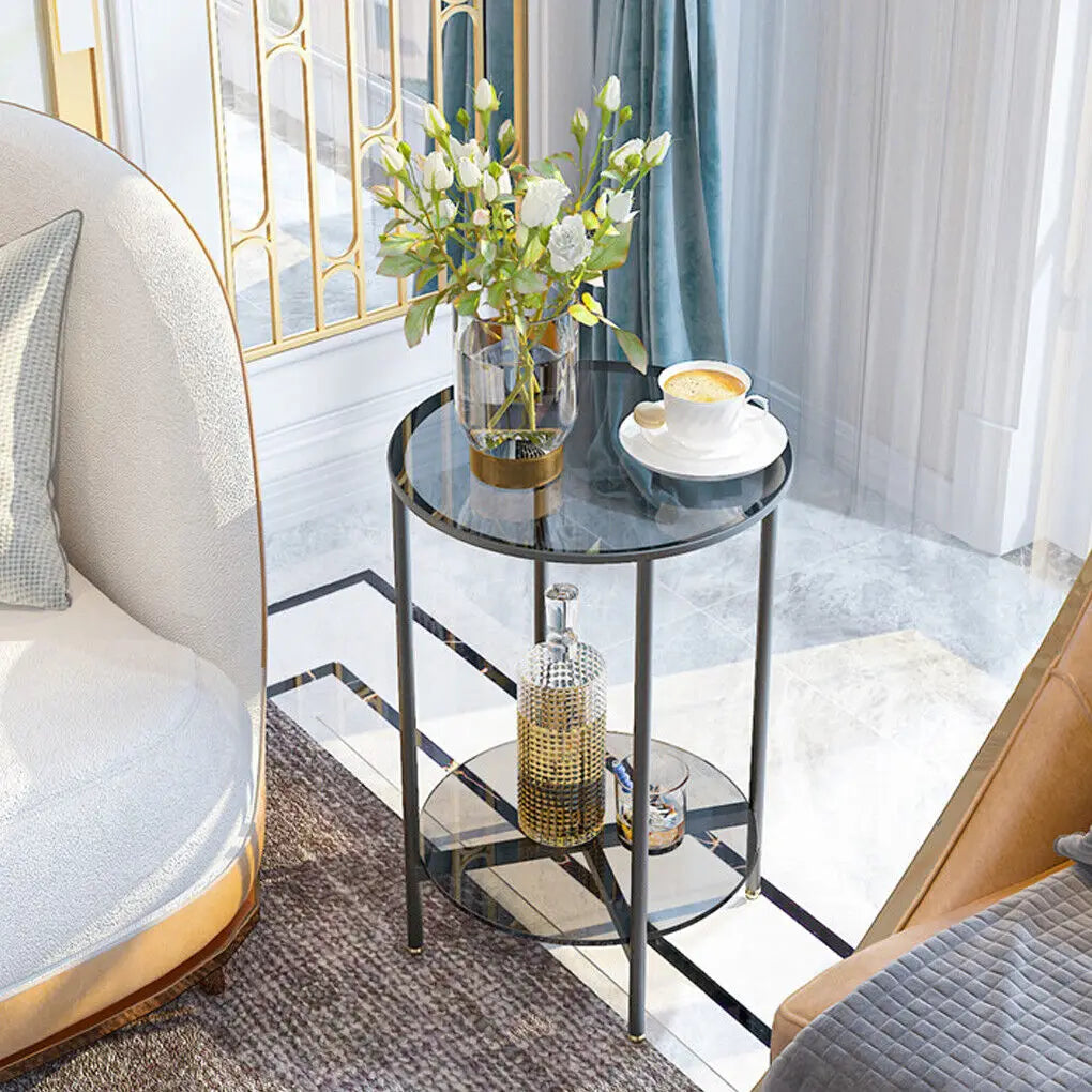 LUVODI Round Tempered Glass Coffee Table Living Room Sofa End Table with 2-tier Storage for Home, Office