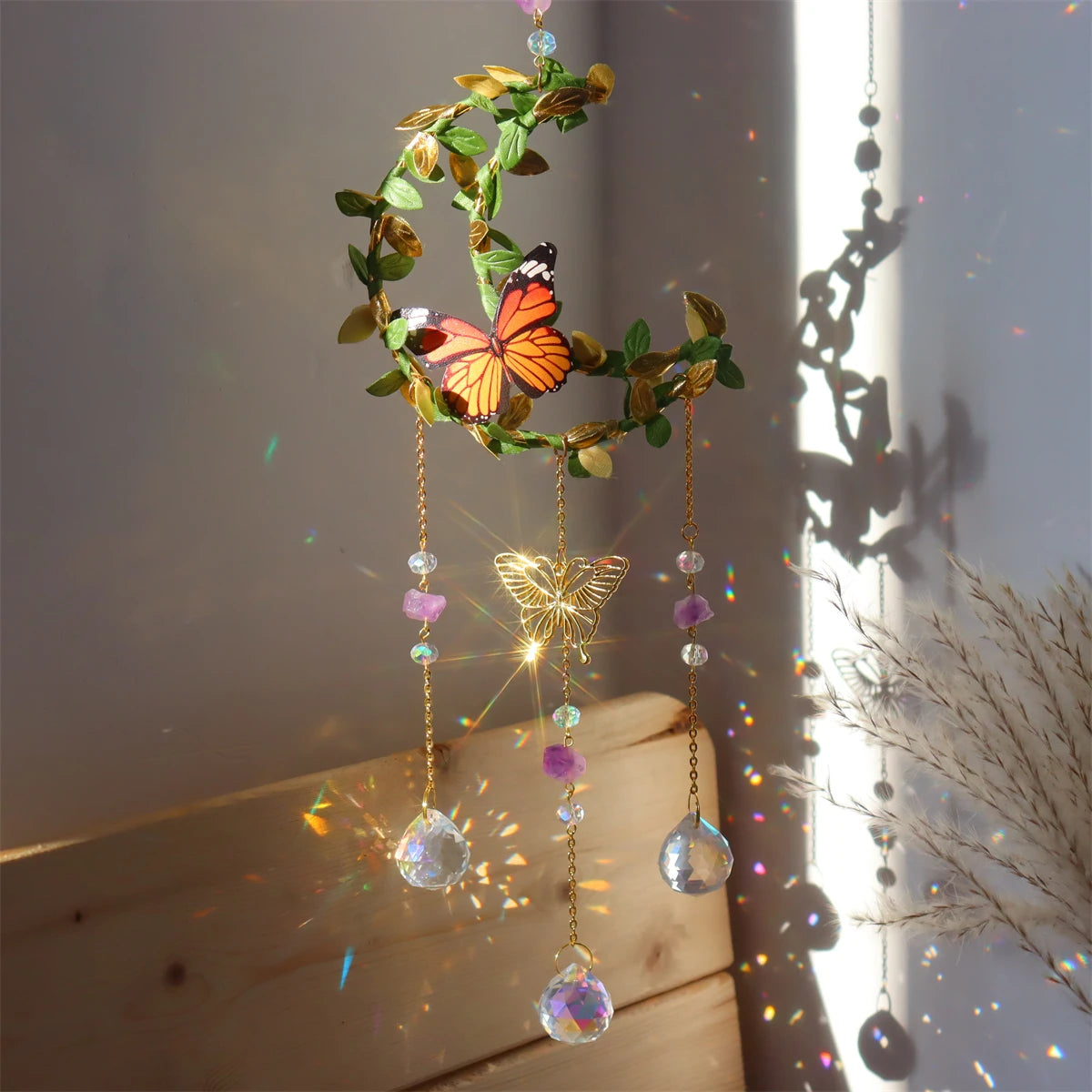 New Vine winding Butterfly Crystal Wind Chime Star Moon Hanging Rainbow Chaser Dream Catcher Home Garden Decor Windchimes