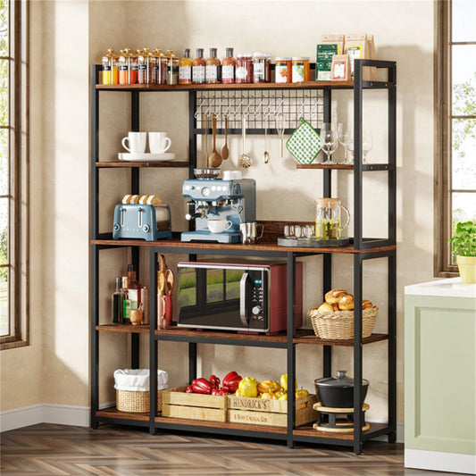5 Tier Large Baker's Rack Industrial Microwave Stand Kitchen Storage Rack with Hooks and Shelves for Spices Pots and Pans