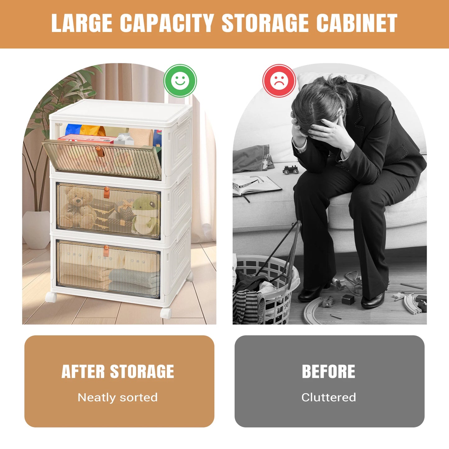 3/4/5 Tier Plastic Storage Boxes with Lid, Stackable Storage Boxes with Wheels for Bedroom Living Room Study Office