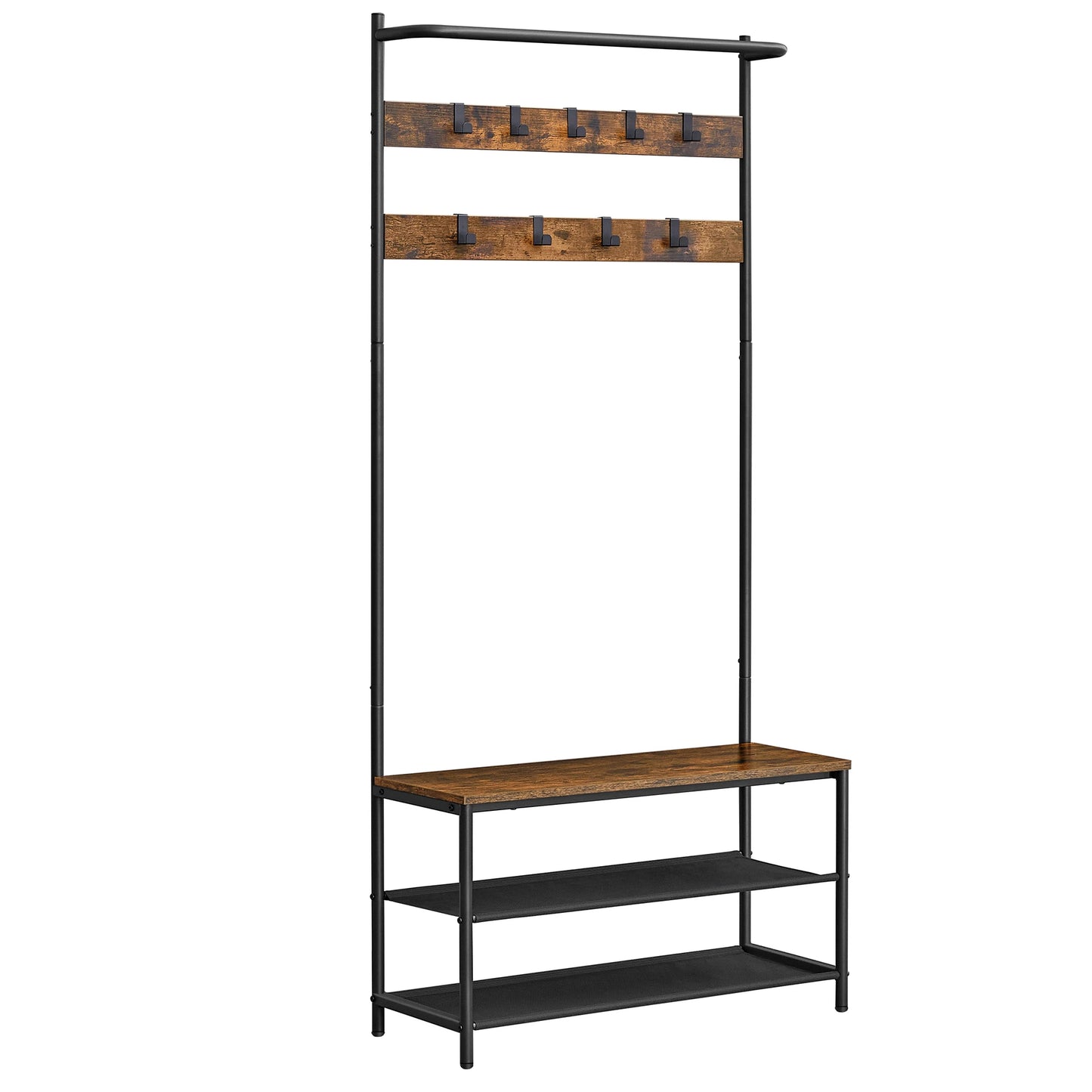 VASAGLE Coat Rack with Shoe Storage, Hall Tree, Coat Stand with Shoe Bench, 9 Movable Hooks, Top Bar, 32.2 x 84 x 180 cm