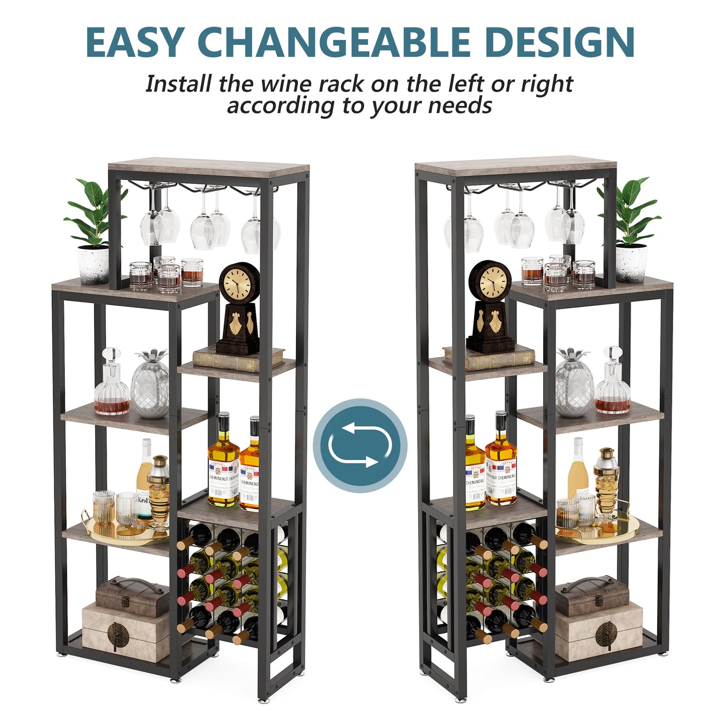 Tribesigns Wine Rack Freestanding Floor, 5-Tier Wine Baker Rack with Glass Holder & Wine Storage, Industrial Wine Display Shelf