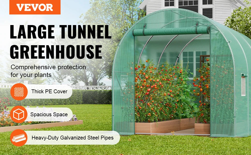 VEVOR Walk-in Tunnel Greenhouse Hoop House Greenhouse Tunnel Plant Hot House with Steel Frame Green PE Cover Roll-up Zipper Door