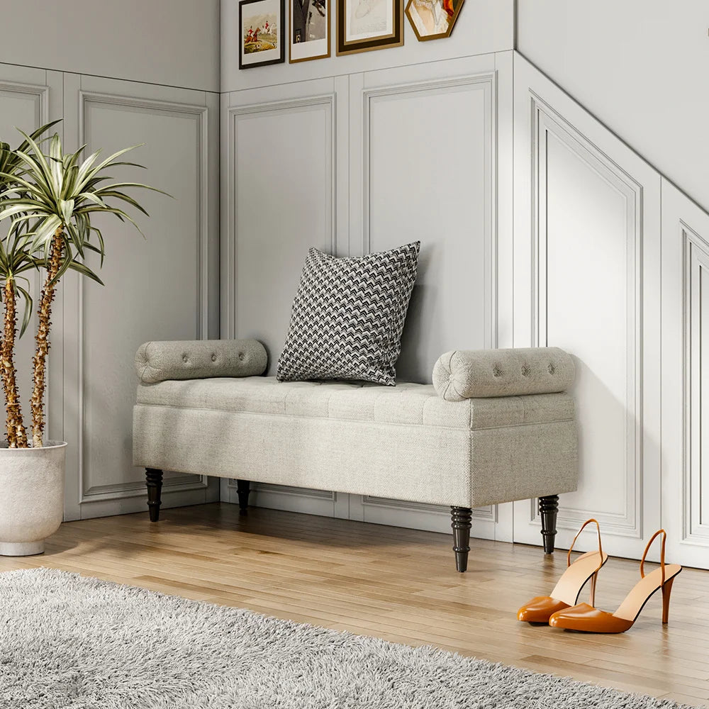Beige Flip Top Storage Bench with Side Arms for Entryways Bedrooms Laundry rooms