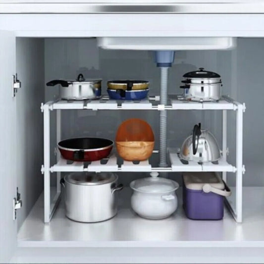 Under Sink Storage Caddy Multi Purpose Rack Adjustable Tidy 2 Tier Shelf Kitchen