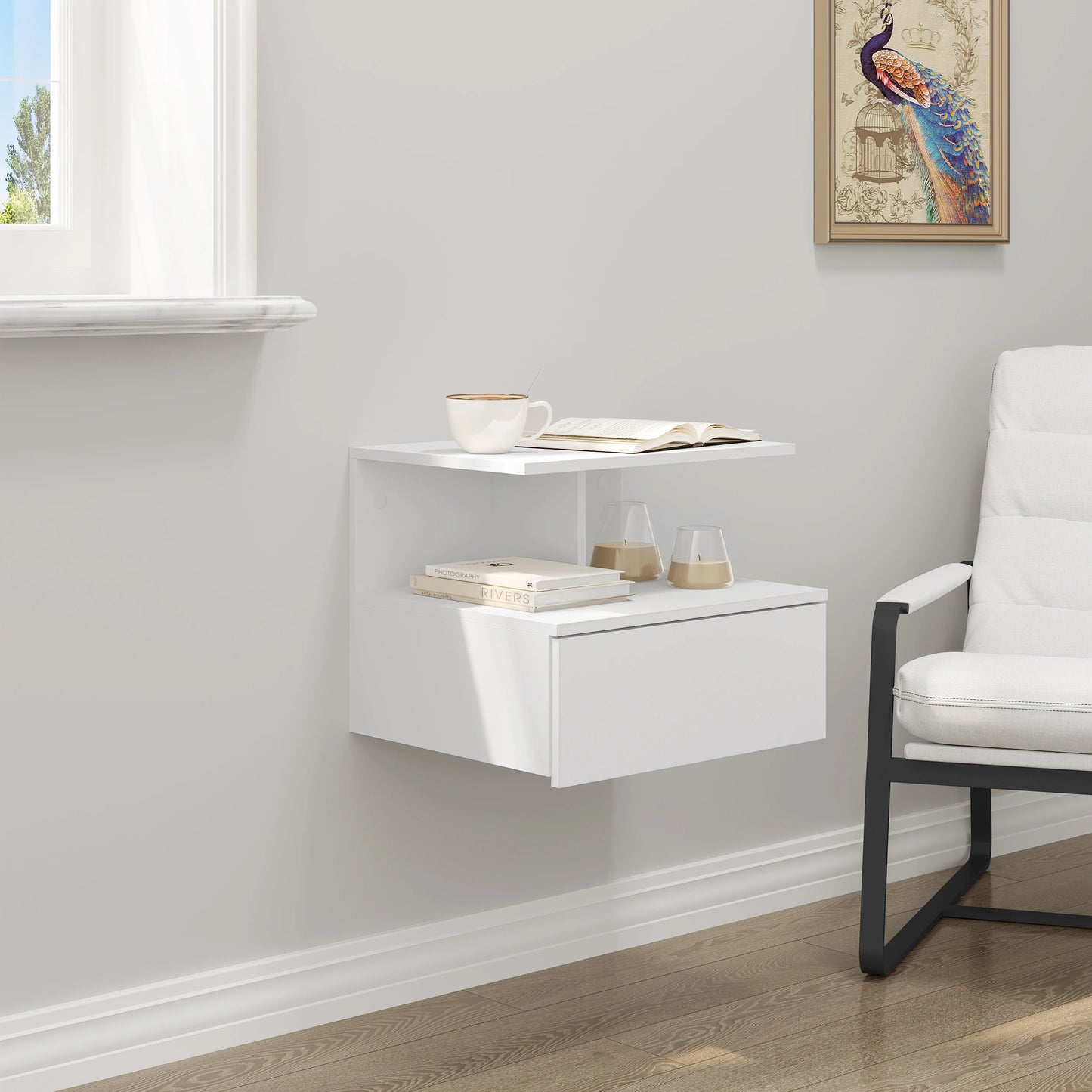 Modern Wooden White/Black Hanging Bedside Table Wall Shelf 40x35x31cm Nightstand with Drawer for Bedroom Home