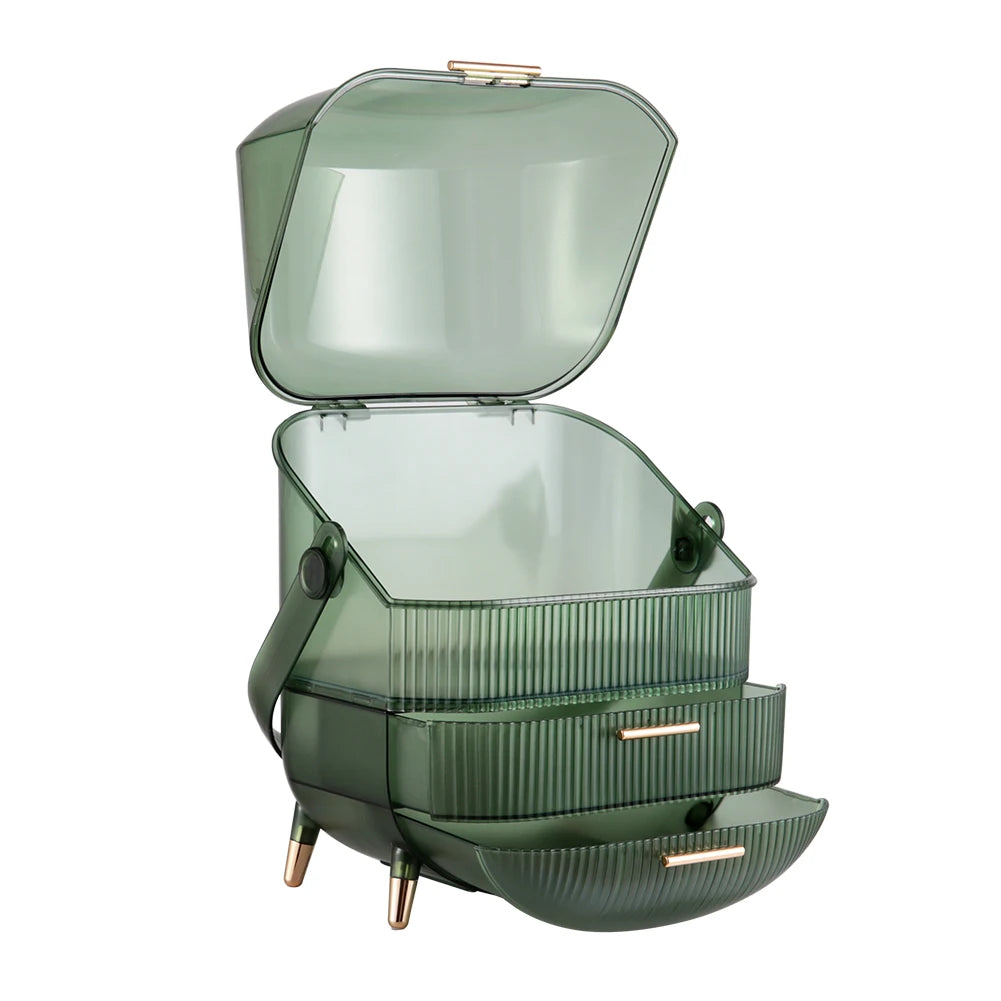 Transparent Green Makeup Organizer with Flip-Top 2 Drawers , Freestanding Large Capacity Cosmetic Storage 25x18.5x38cm
