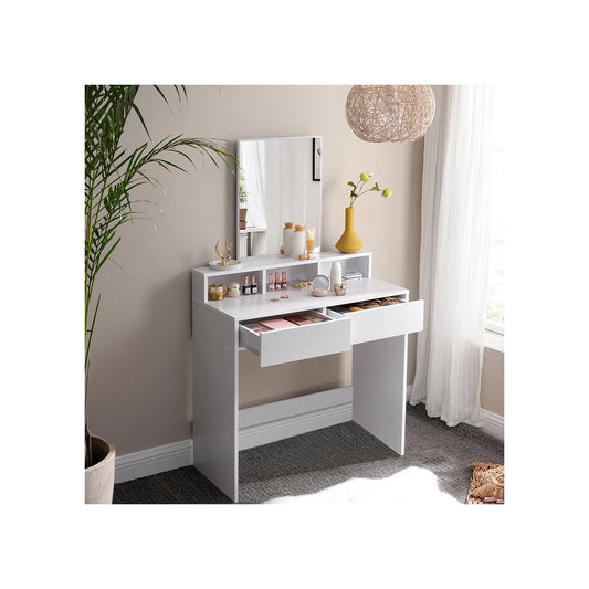 VASAGLE Dressing Table with Large Rectangular Mirror, Vanity Table with 2 Drawers and 3 Open Compartments, Vanity Table