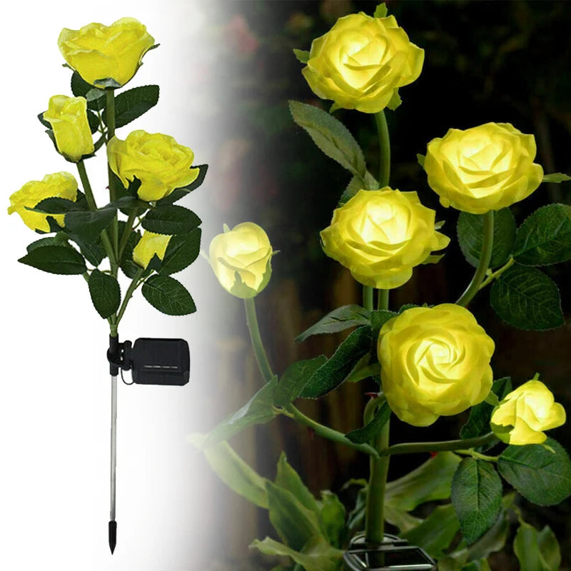 LED Solar Power Yellow Rose Wer Stake Lights Outdoor Garden Path Party Decor