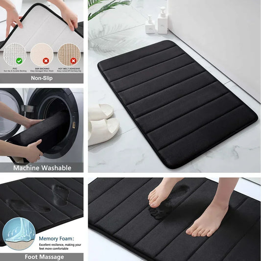 Black Memory Foam Bath Mat Soft Comfortable Super Water Absorption Non-Slip Thick Machine Washable Easy to Dry Home Floor Rug