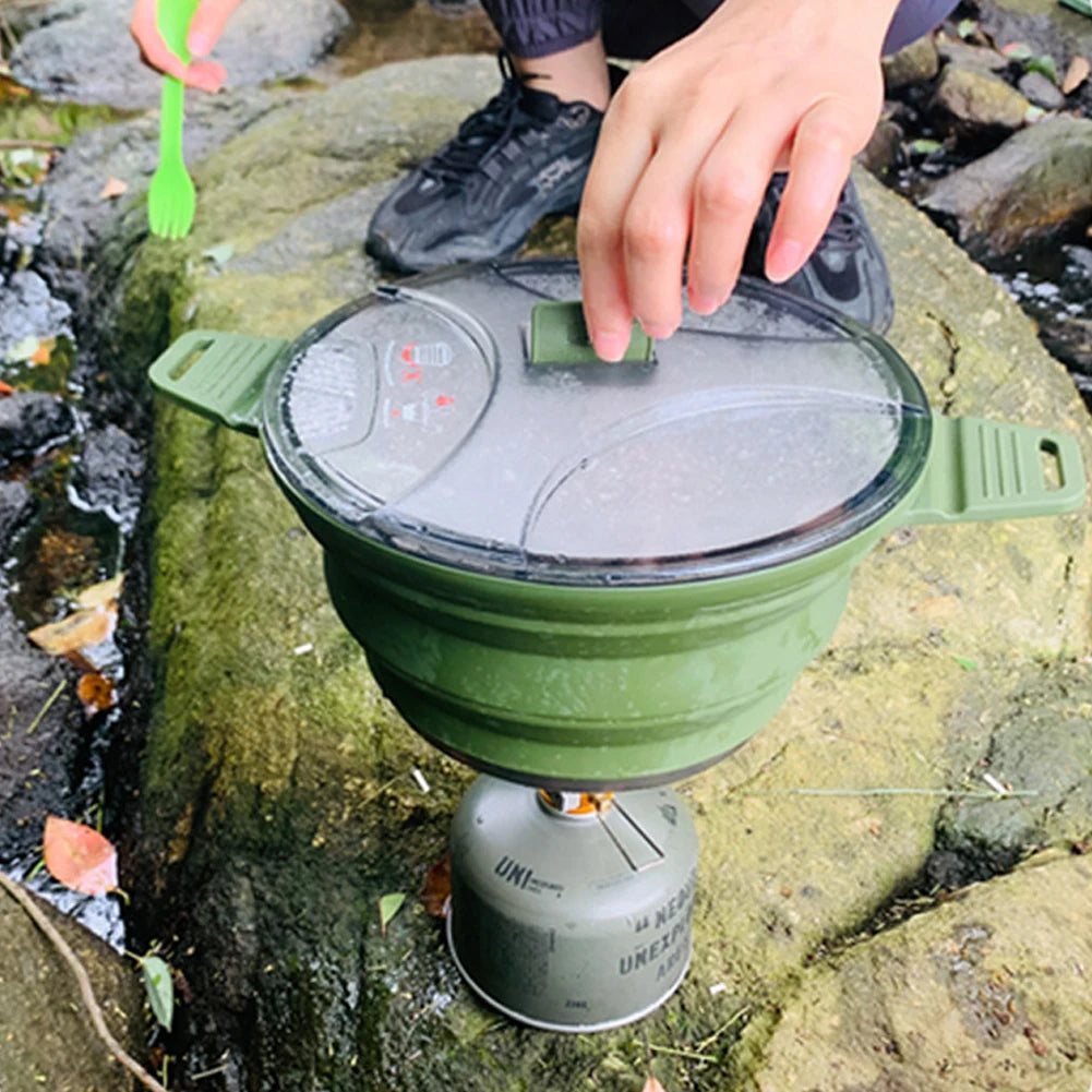 Portable Folding Pot Lunch Box Camping Pot Set with 2 Foldable Bowls Silicone Cooking Food Container Outdoor Camping Tableware