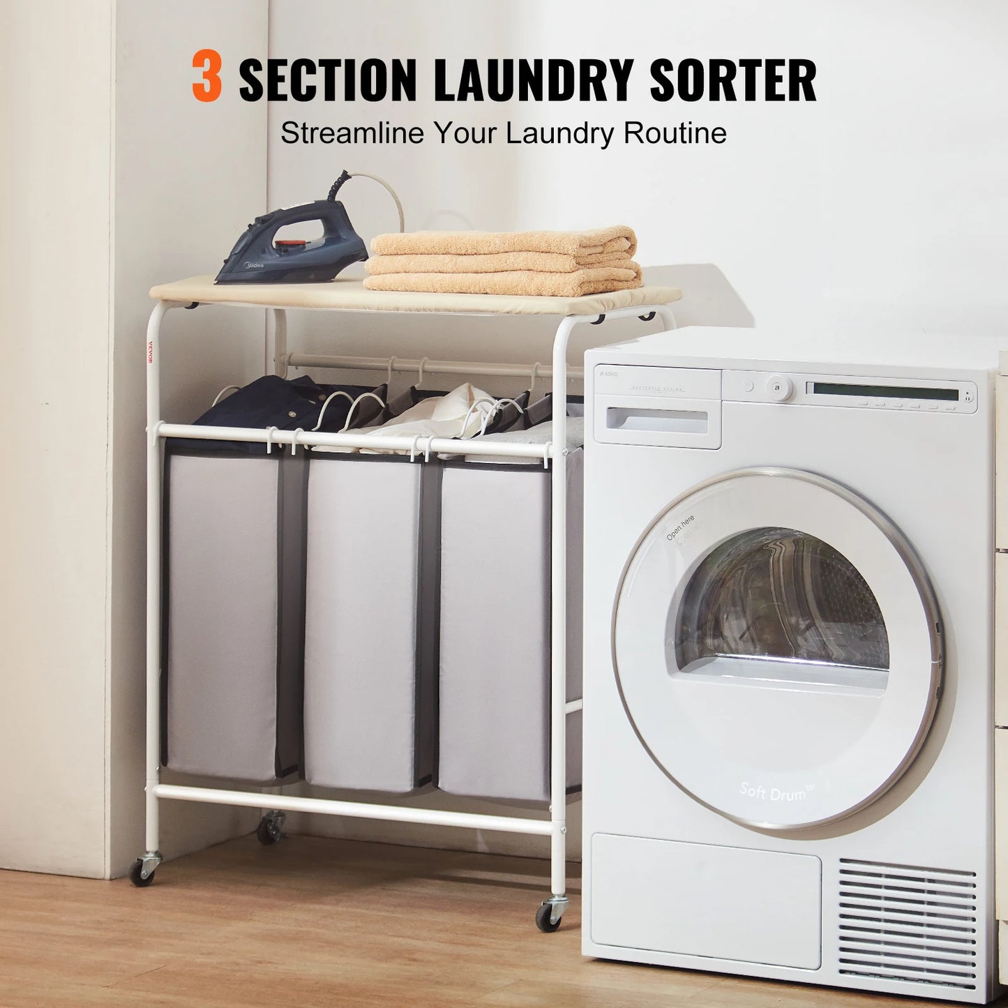 VEVOR 3/4-Section Laundry Sorter Cart W/ Ironing Board Laundry Hamper Rolling Laundry Basket Sorter for Clothes Cleaning Storage