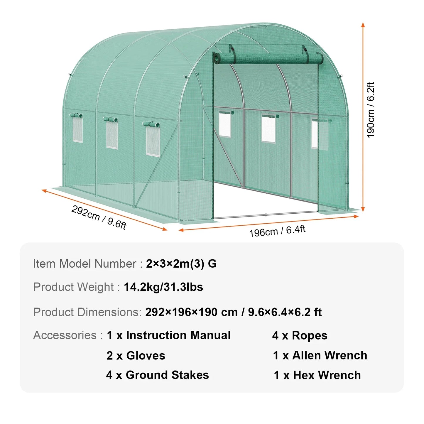 VEVOR Walk-in Tunnel Greenhouse Hoop House Greenhouse Tunnel Plant Hot House with Steel Frame Green PE Cover Roll-up Zipper Door