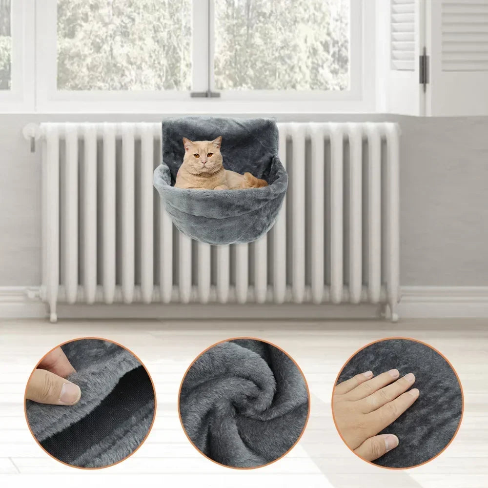 Cat Radiator Bed, Hammock Hanging Pet Bed,Heated Calming Fluffy Cradle for Pet,Cat Shelf Warm Cozy Plush Nap Mat with Wire Frame
