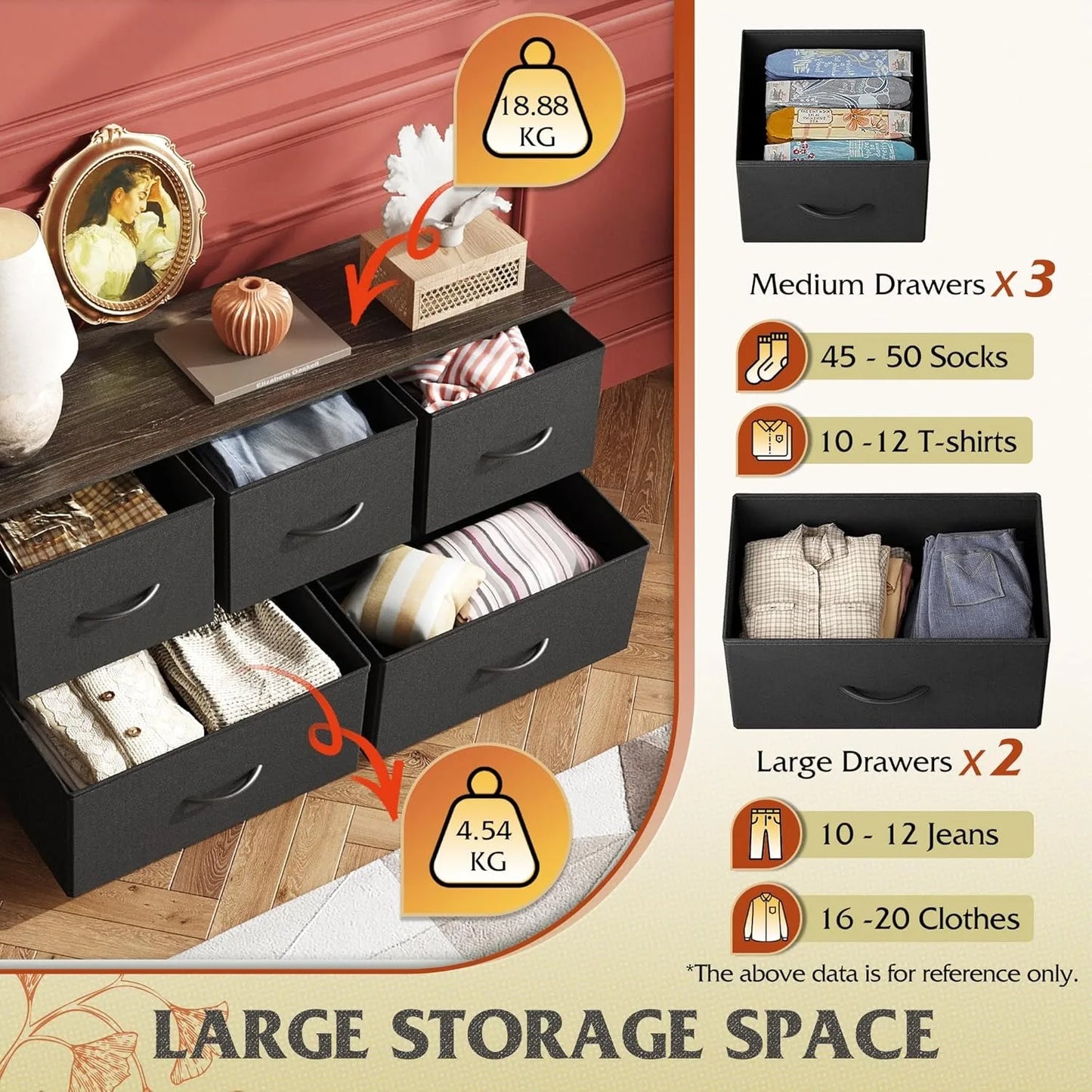 Chest of Drawers,5 Fabric Drawers Cabinet with Easy Pull Handle,Wood Top and Sturdy Steel Frame for Bedroom,Living Room