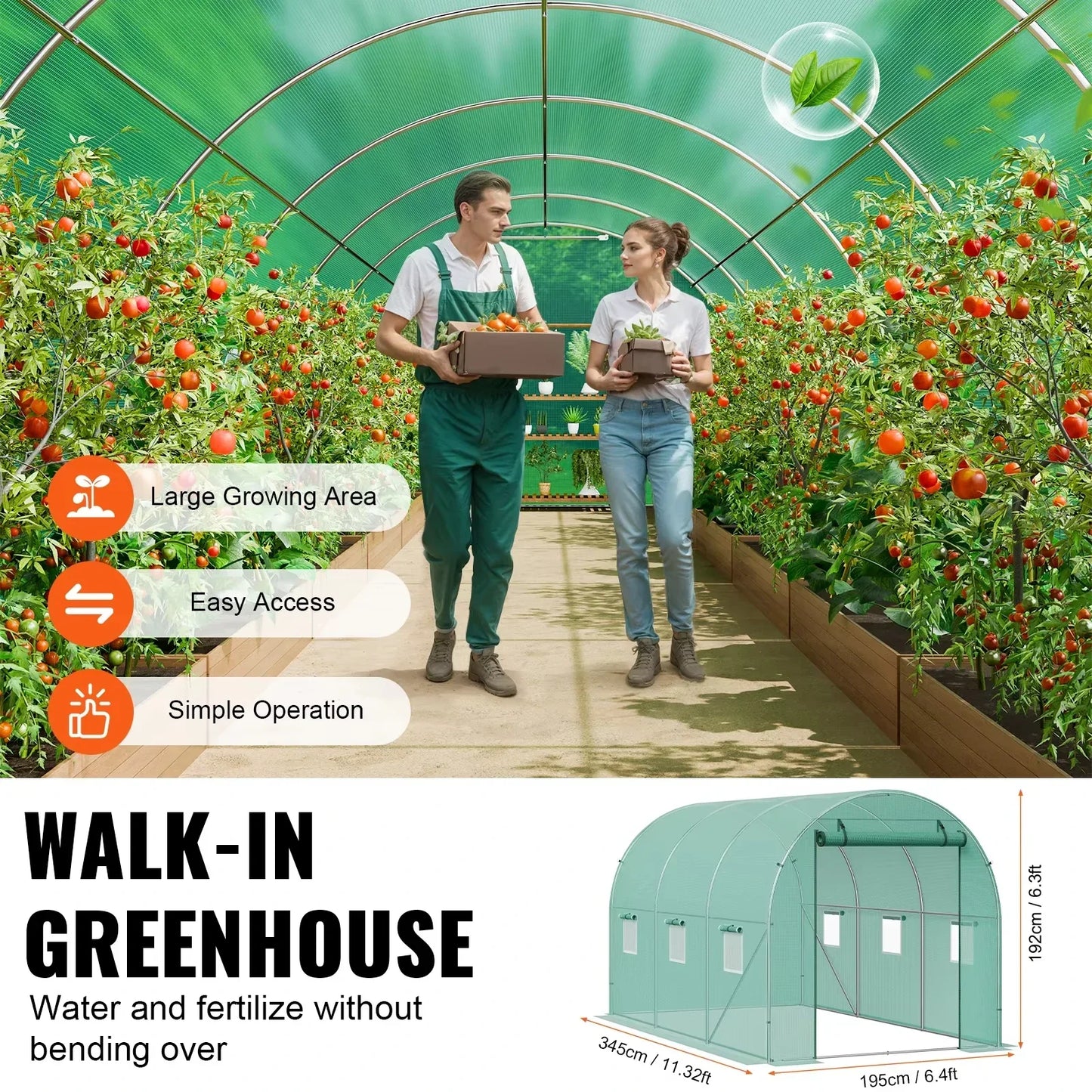 VEVOR Walk-in Tunnel Greenhouse Hoop House Greenhouse Tunnel Plant Hot House with Steel Frame Green PE Cover Roll-up Zipper Door