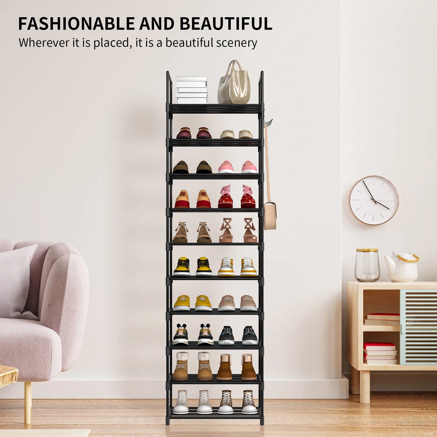EFAN Shoe Rack, 10-Tier Metal Shoe Storage Organiser, Customisable Design, Metal Frame, Space-Saving Rack, for Room, Hallway
