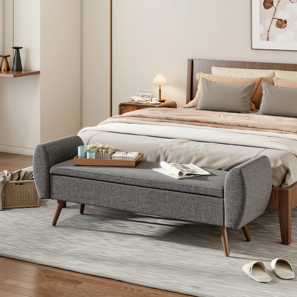 Linen Upholstered Modern Living Room Comfortable Multifunctional Storage Bench, Beige &Grey