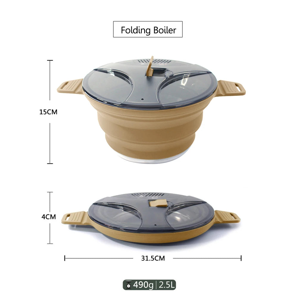 Portable Folding Pot Lunch Box Camping Pot Set with 2 Foldable Bowls Silicone Cooking Food Container Outdoor Camping Tableware