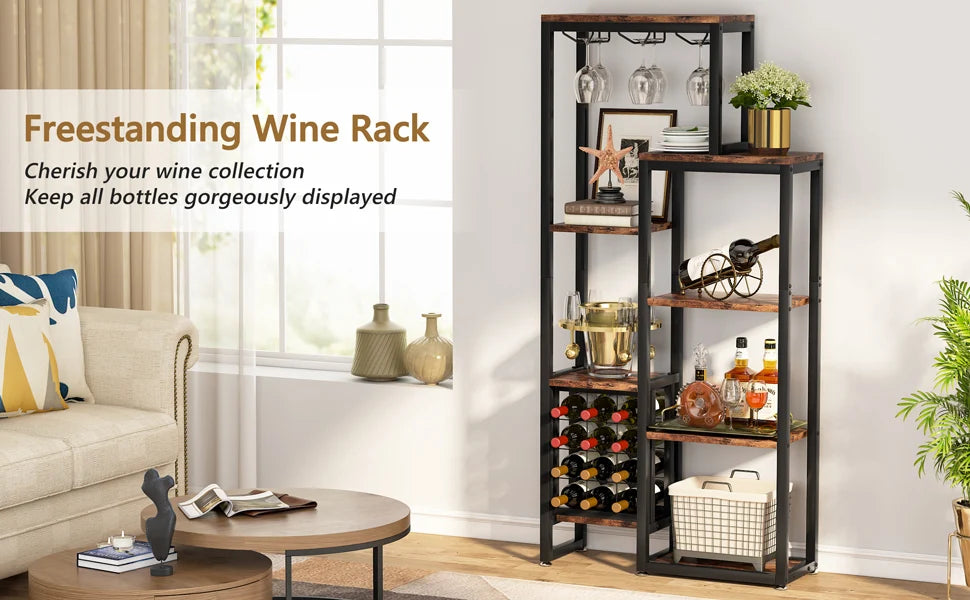 Tribesigns Wine Rack Freestanding Floor, 5-Tier Wine Baker Rack with Glass Holder & Wine Storage, Industrial Wine Display Shelf