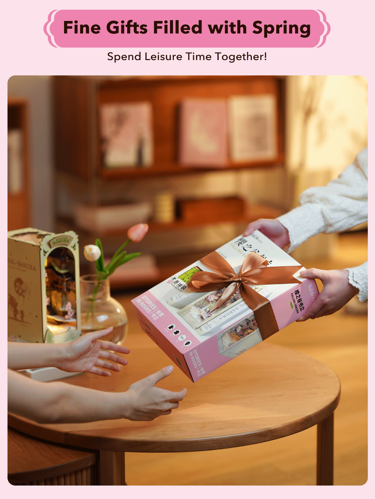 Robotime Rolife Falling Sakura Book Nook with LED Lights – Easy Assembly Home Décor, Perfect Gift for Families and Children (TGB05)