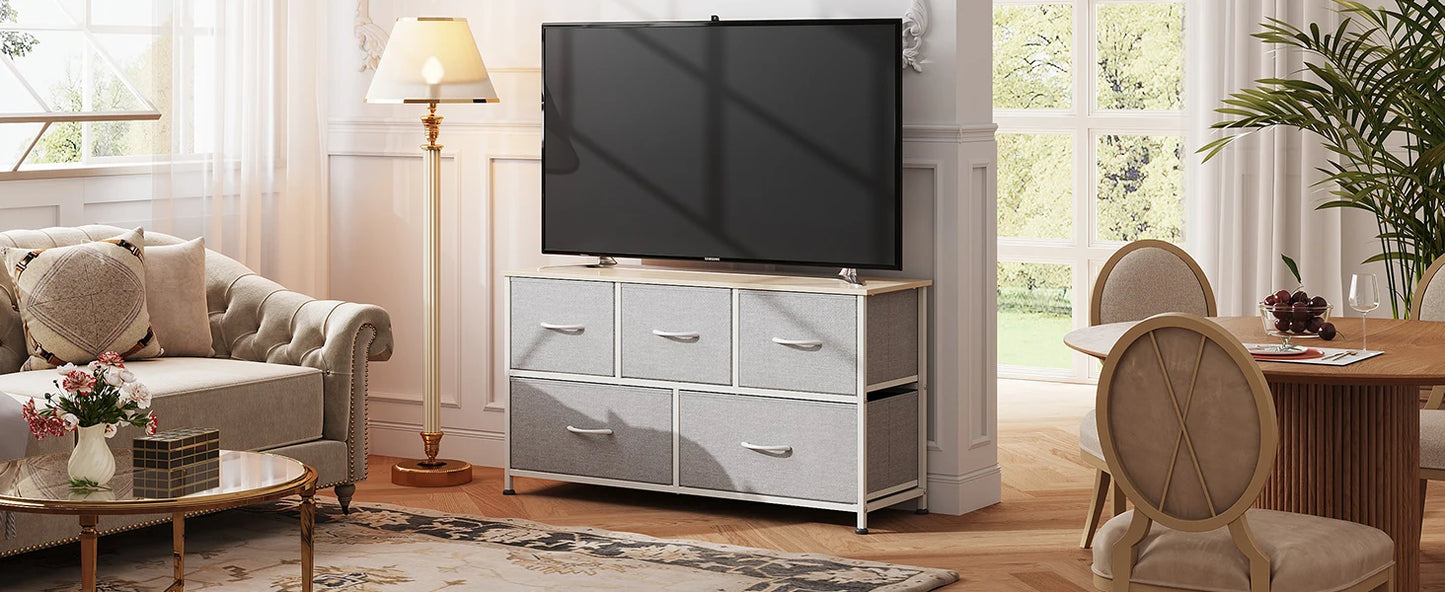 Chest of Drawers,5 Fabric Drawers Cabinet with Easy Pull Handle,Wood Top and Sturdy Steel Frame for Bedroom,Living Room