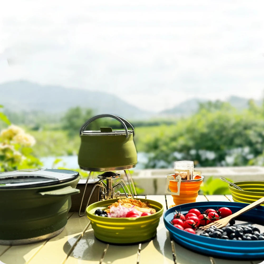 Portable Folding Pot Lunch Box Camping Pot Set with 2 Foldable Bowls Silicone Cooking Food Container Outdoor Camping Tableware