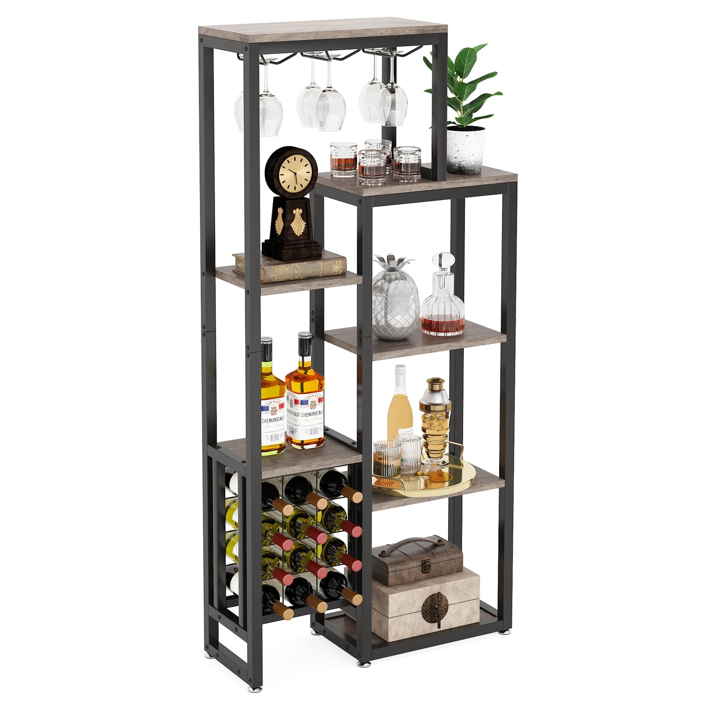 Tribesigns Wine Rack Freestanding Floor, 5-Tier Wine Baker Rack with Glass Holder & Wine Storage, Industrial Wine Display Shelf