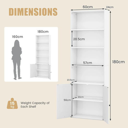 GOFLAME 6-Tier Freestanding Bookcase, Modern Bookshelf with Farmhouse Style Cabinet Doors