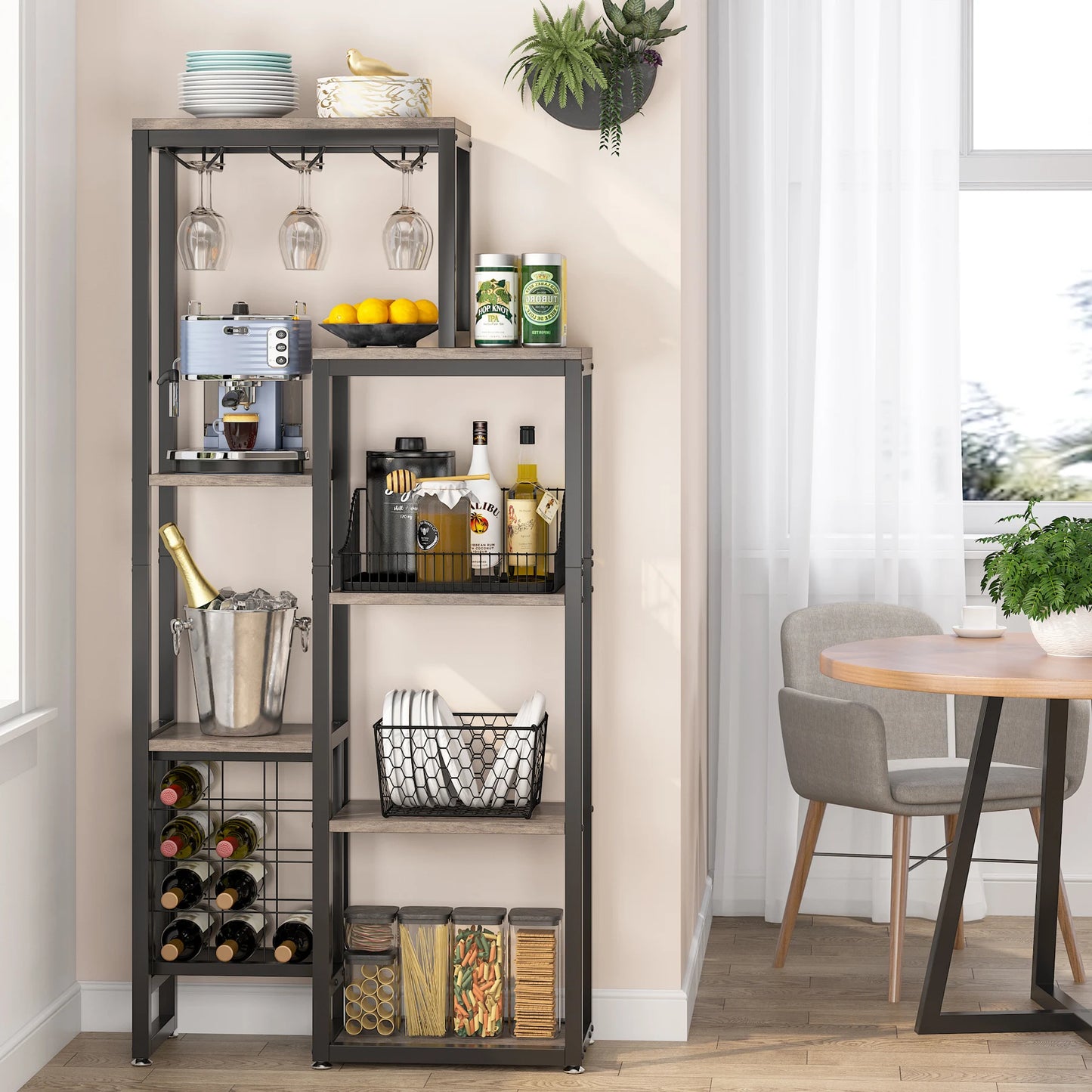 Tribesigns Wine Rack Freestanding Floor, 5-Tier Wine Baker Rack with Glass Holder & Wine Storage, Industrial Wine Display Shelf