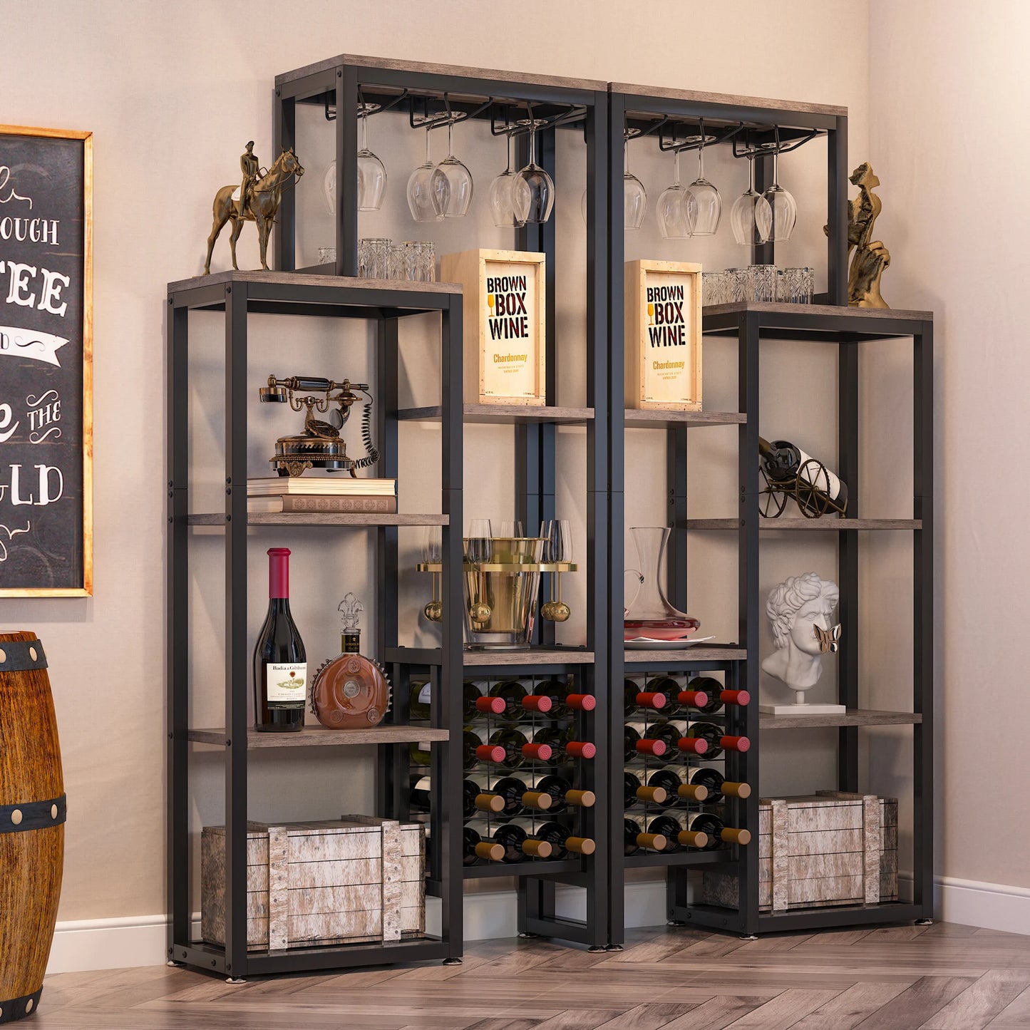 Tribesigns Wine Rack Freestanding Floor, 5-Tier Wine Baker Rack with Glass Holder & Wine Storage, Industrial Wine Display Shelf