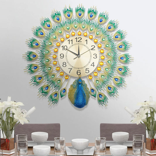 Peacock Clock Metal Silent Wall Clock None Ticking Decorative Large Wall Clock for Living Room Home Decor