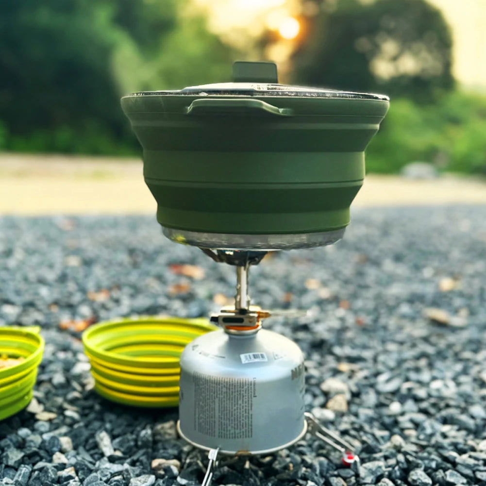Portable Folding Pot Lunch Box Camping Pot Set with 2 Foldable Bowls Silicone Cooking Food Container Outdoor Camping Tableware