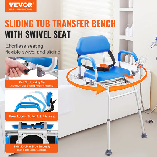 VEVOR Sliding Tub Transfer Bench with 360 Degree Swivel Seat Safety Belt Height Adjustable Bath Chair for Elderly Disabled 330LB