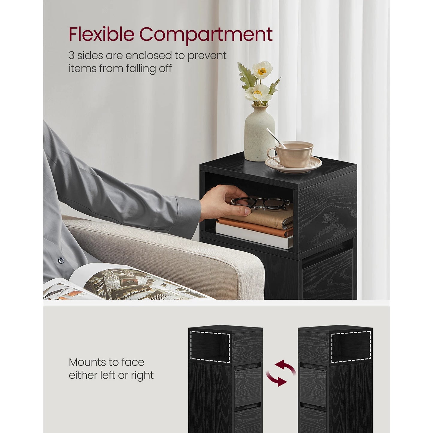 VASAGLE Slim Bedside Table, Small Narrow Side End Table with 2 Drawers, 1 Open Compartment Mounted to Face Left or Right