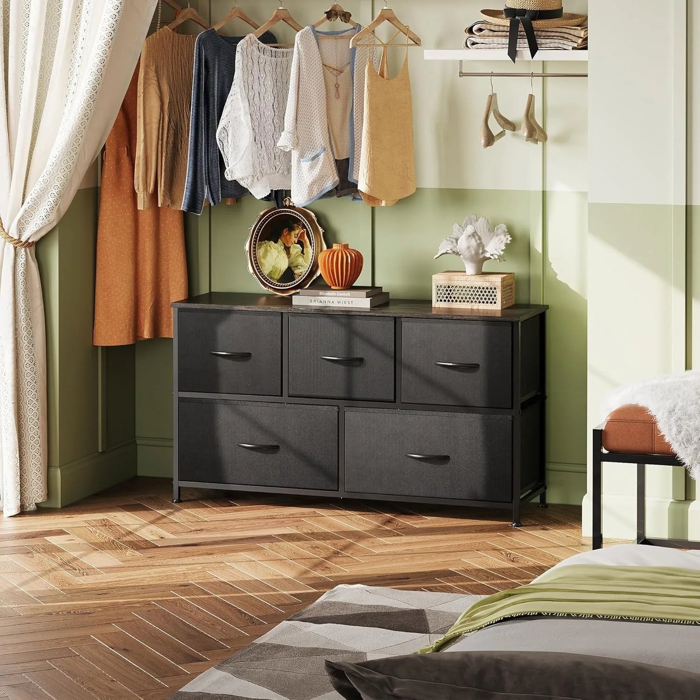 Chest of Drawers,5 Fabric Drawers Cabinet with Easy Pull Handle,Wood Top and Sturdy Steel Frame for Bedroom,Living Room