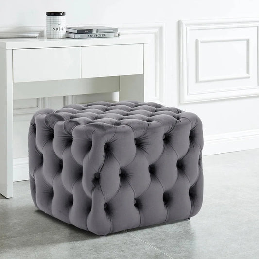 Grey Square Velvet Upholstered Buttoned Footstool