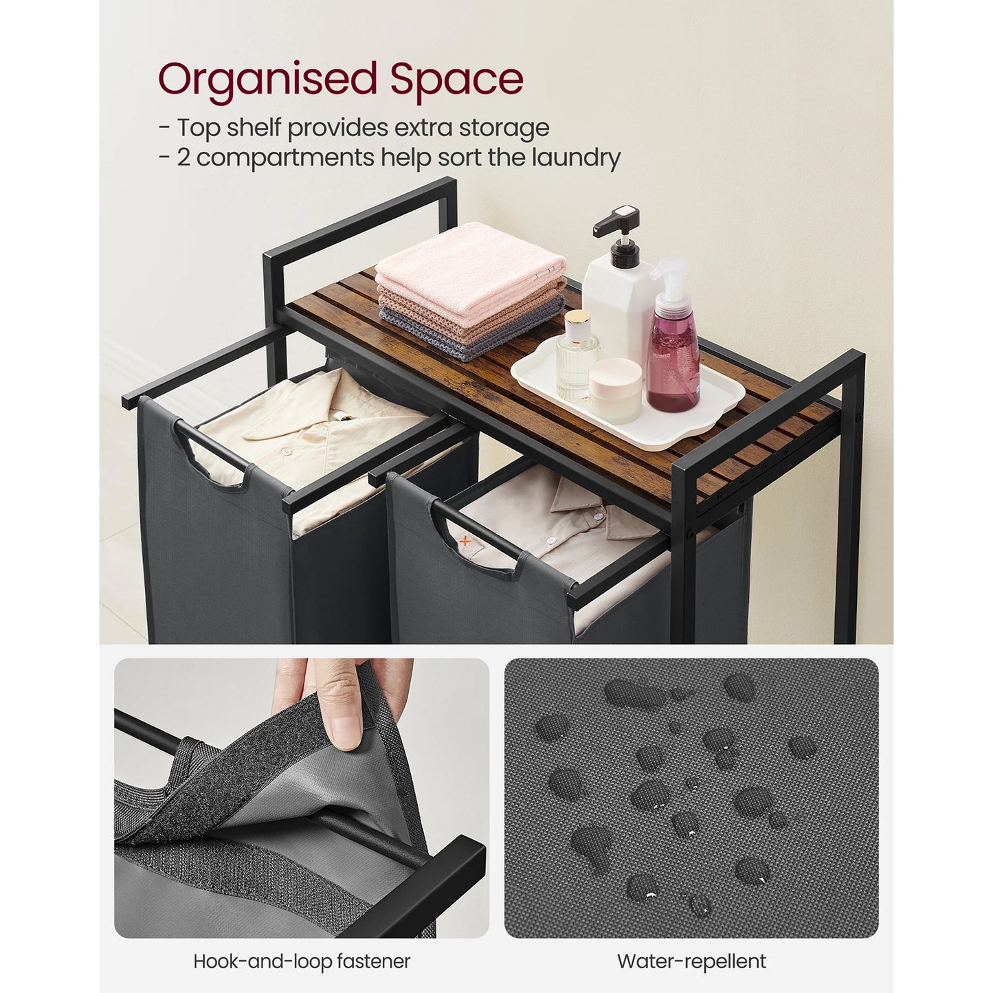 VASAGLE Laundry Basket, 2-Compartment, Pull-Out and Removable Laundry Bags,Metal Frame, 2 x 46L, 73 x 33 x 72 cm