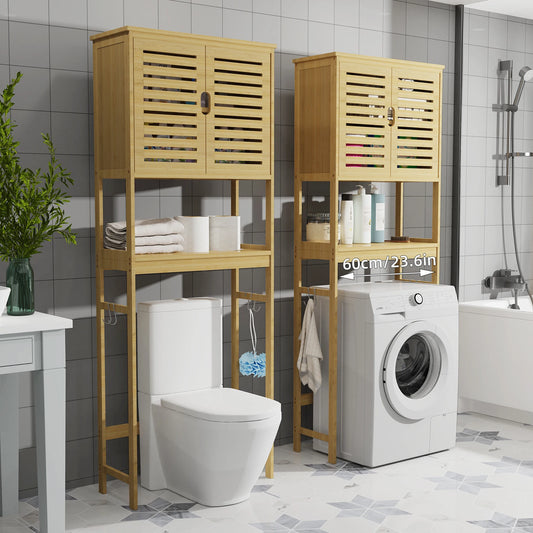 Over The Toilet Storage Cabinet, Tall Bathroom Cabinet Organizer with Cupboard and Adjustable Shelves, Freestanding Toilet Shelf