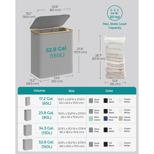 SONGMICS Laundry Basket with Lid,3-Section Large Laundry Hamper,Removable Mesh Liner,Oxford Fabric,Bamboo Handles,Collapsible