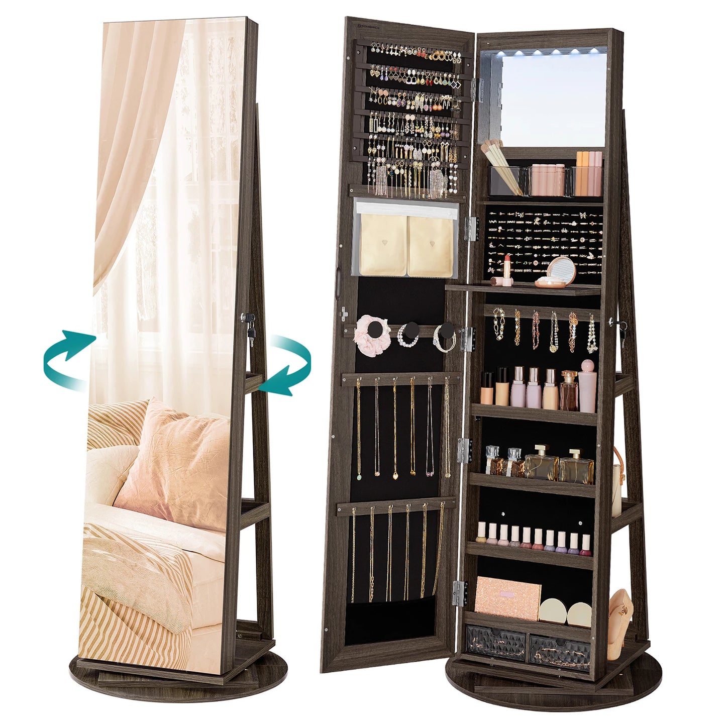 SONGMICS 6 LEDs Mirror Jewellery Cabinet, 360 Swivel Jewellery Storage Organiser, Lockable, Free-Standing Mirror with Storage