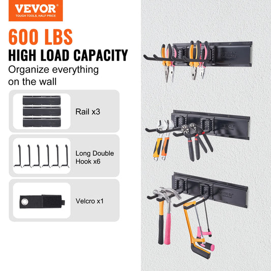 VEVOR Garage Tool Organizer Wall Mount Yard Garden Heavy Duty Storage Rack with Adjustable Hooks Rails for Shovels Trimmers Hose