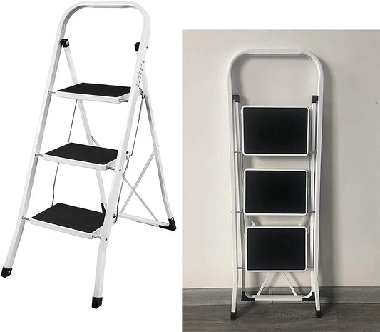 Portable Foldable 3 Step Steel Ladder,Non Slip Tread Stepladder Safety Folding Heavy Duty Step Stool for Home/Kitchen/Garage