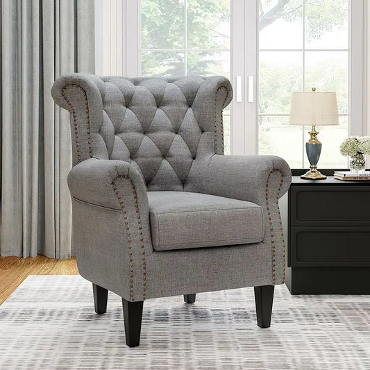 Dark Grey Linen Chesterfield Thick Cushion Armchair Living Room Furniture Lounge Chair