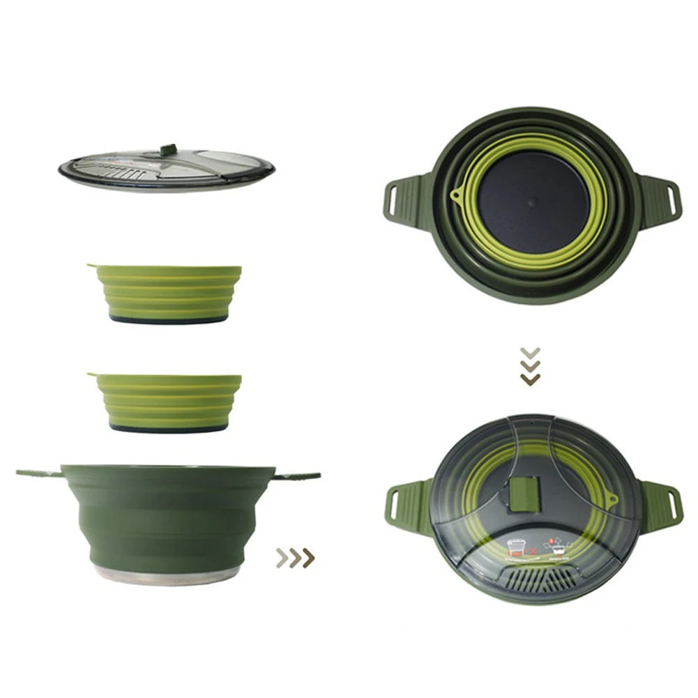 Portable Folding Pot Lunch Box Camping Pot Set with 2 Foldable Bowls Silicone Cooking Food Container Outdoor Camping Tableware