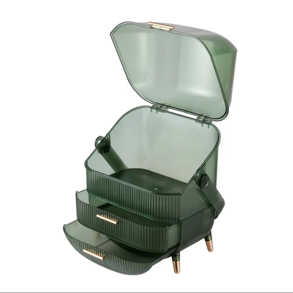 Transparent Green Makeup Organizer with Flip-Top 2 Drawers , Freestanding Large Capacity Cosmetic Storage 25x18.5x38cm