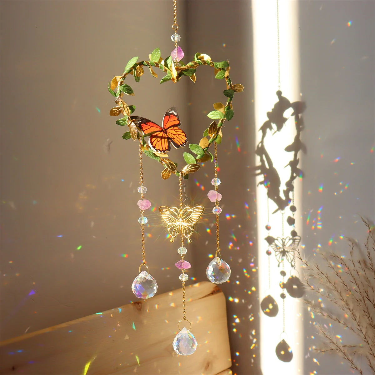 New Vine winding Butterfly Crystal Wind Chime Star Moon Hanging Rainbow Chaser Dream Catcher Home Garden Decor Windchimes