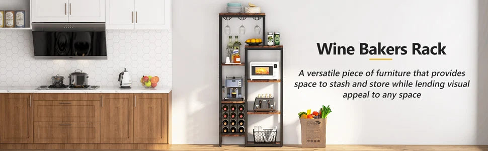Tribesigns Wine Rack Freestanding Floor, 5-Tier Wine Baker Rack with Glass Holder & Wine Storage, Industrial Wine Display Shelf