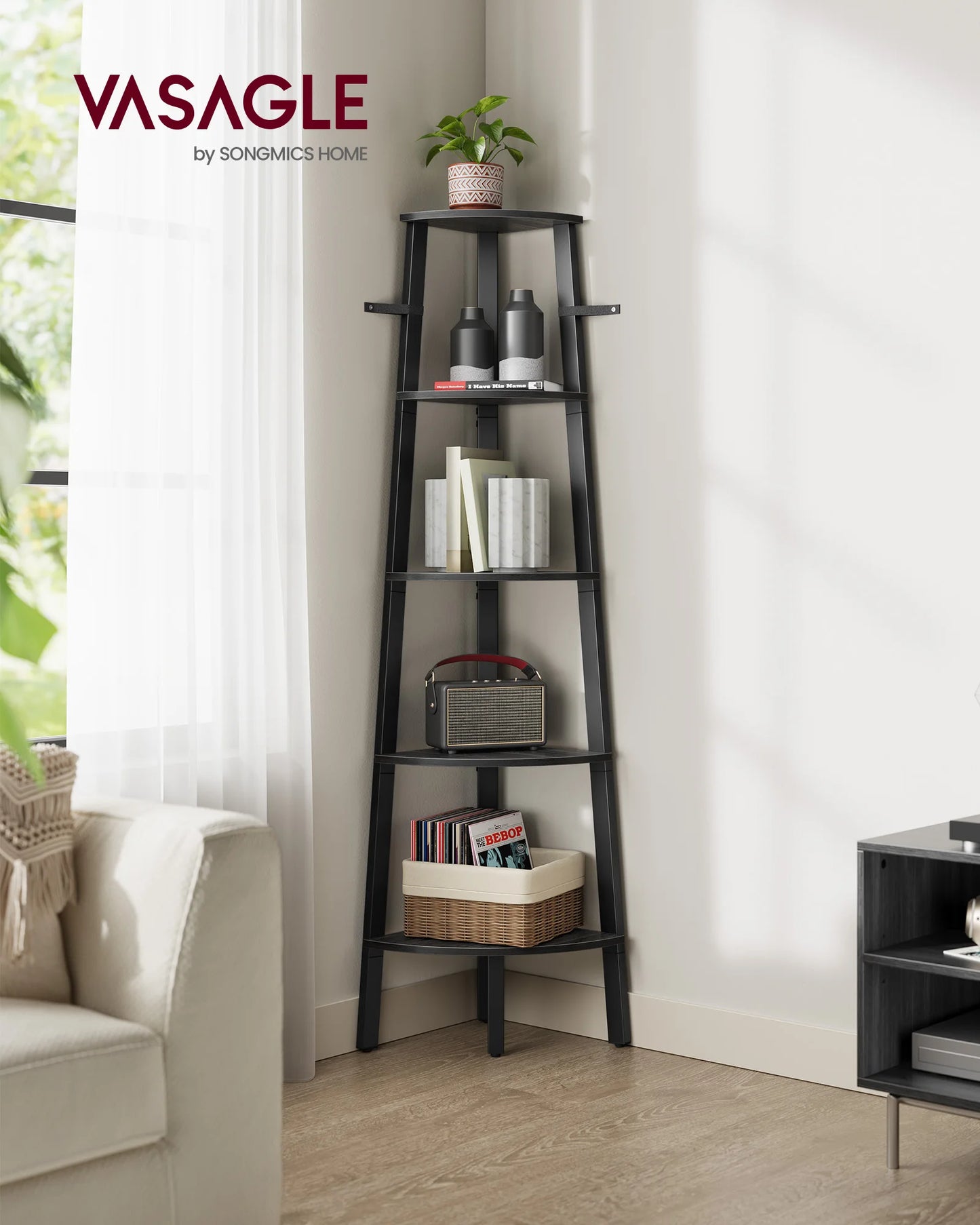 VASAGLE Corner Shelf Unit, 5-Tier Corner Shelf, Ladder Shelf for Living Room, Bookshelf or Plant Stand