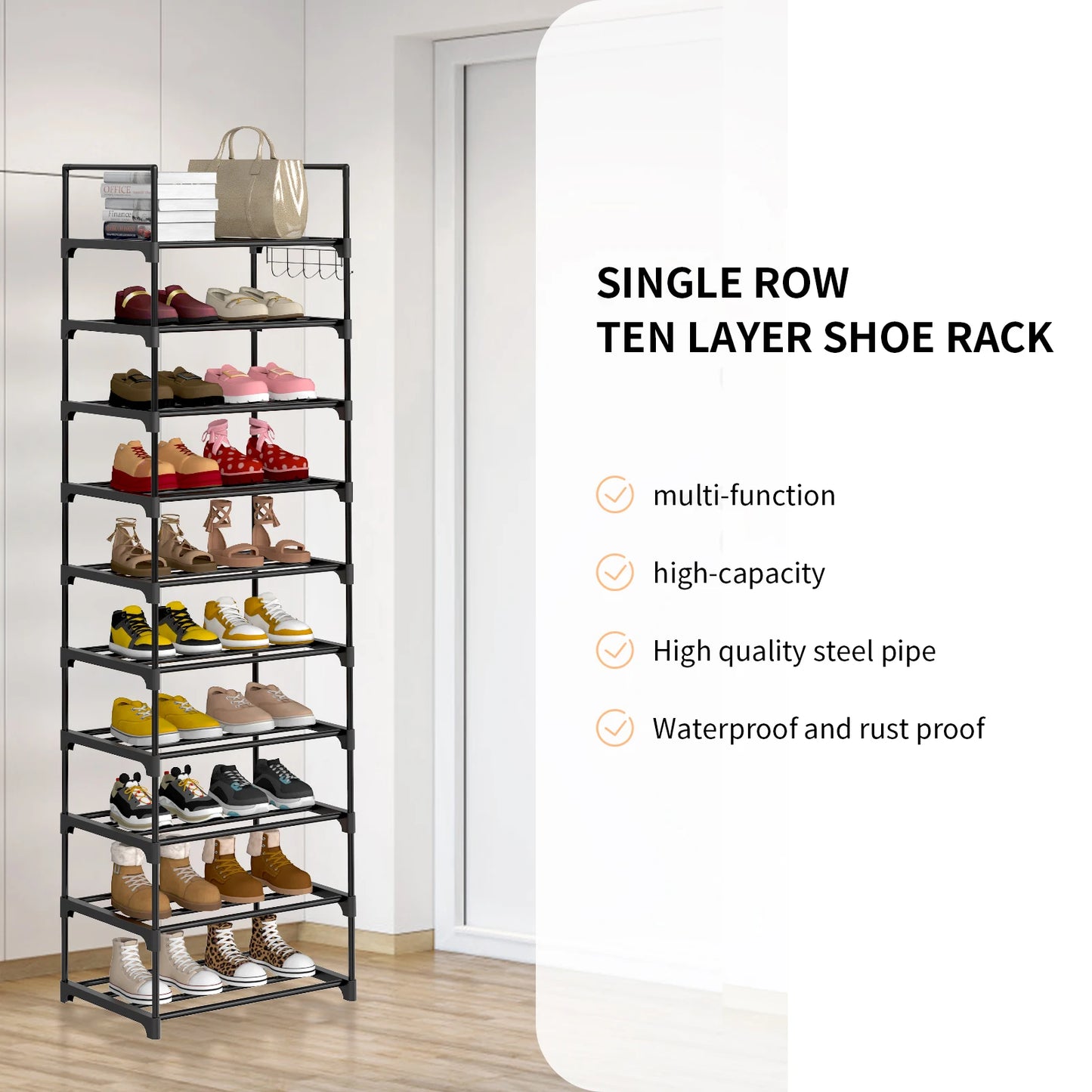 EFAN Shoe Rack, 10-Tier Metal Shoe Storage Organiser, Customisable Design, Metal Frame, Space-Saving Rack, for Room, Hallway